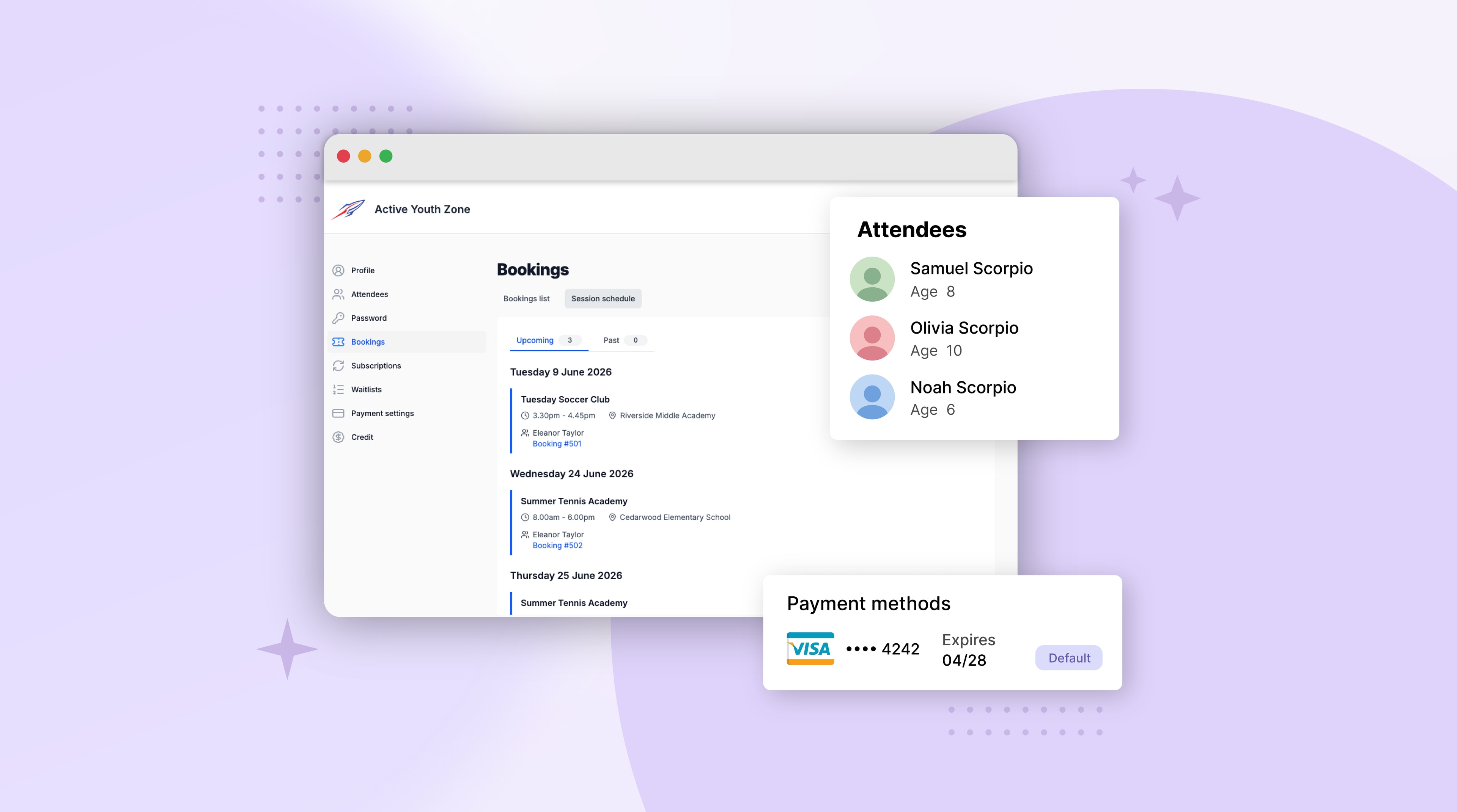family portal showing three children booked across multiple weeks of camp with one card on file