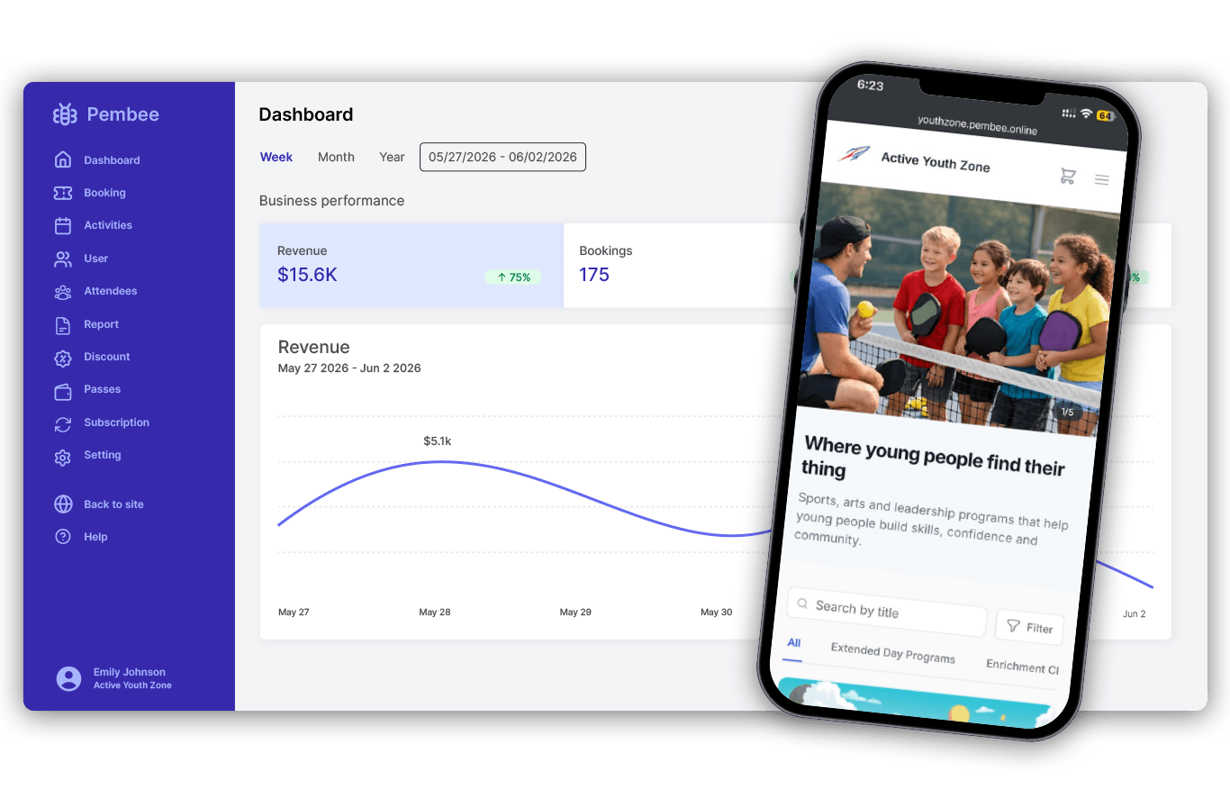 Pembee admin dashboard showing camp registrations, rosters and payments