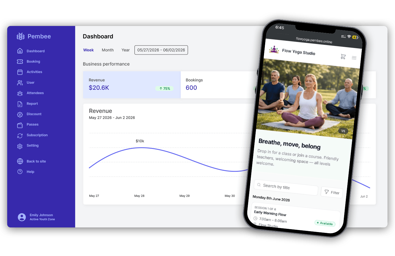 Pembee admin dashboard showing fitness class bookings, memberships and revenue