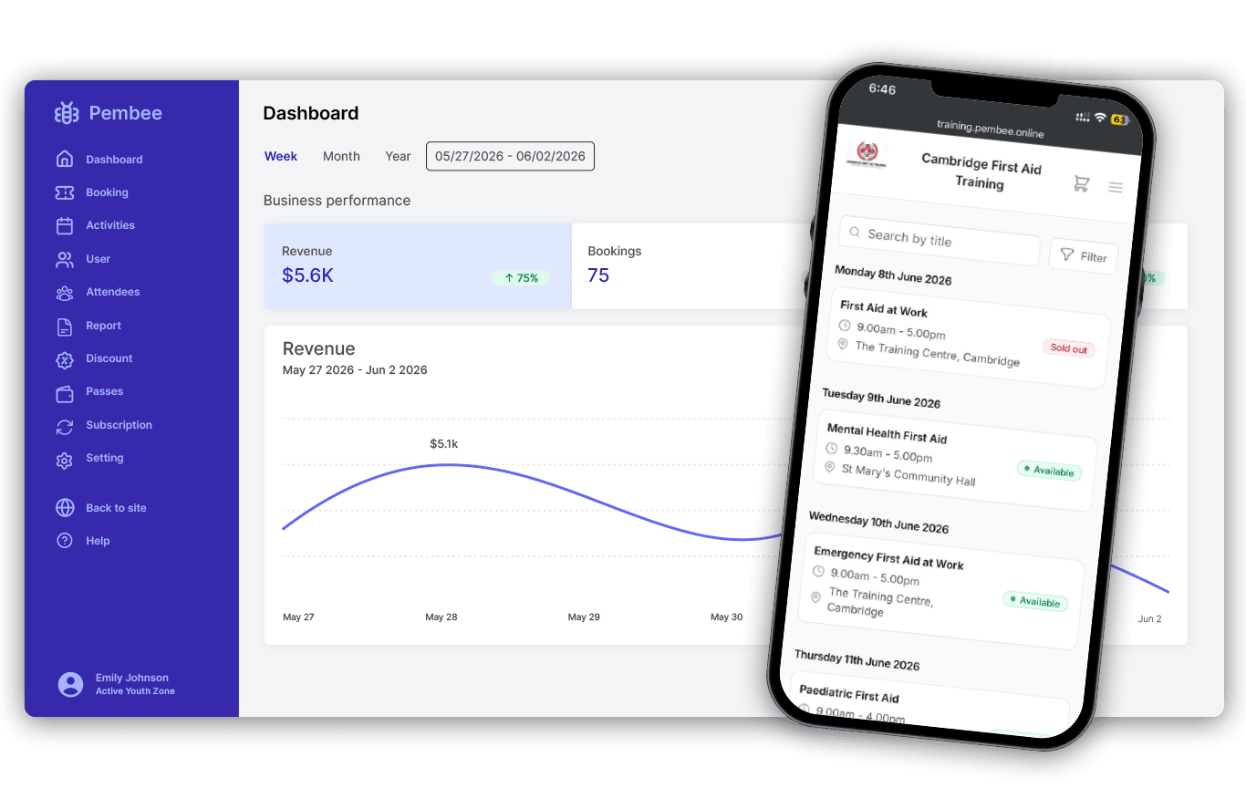 Pembee admin dashboard showing event registrations, tickets and payments