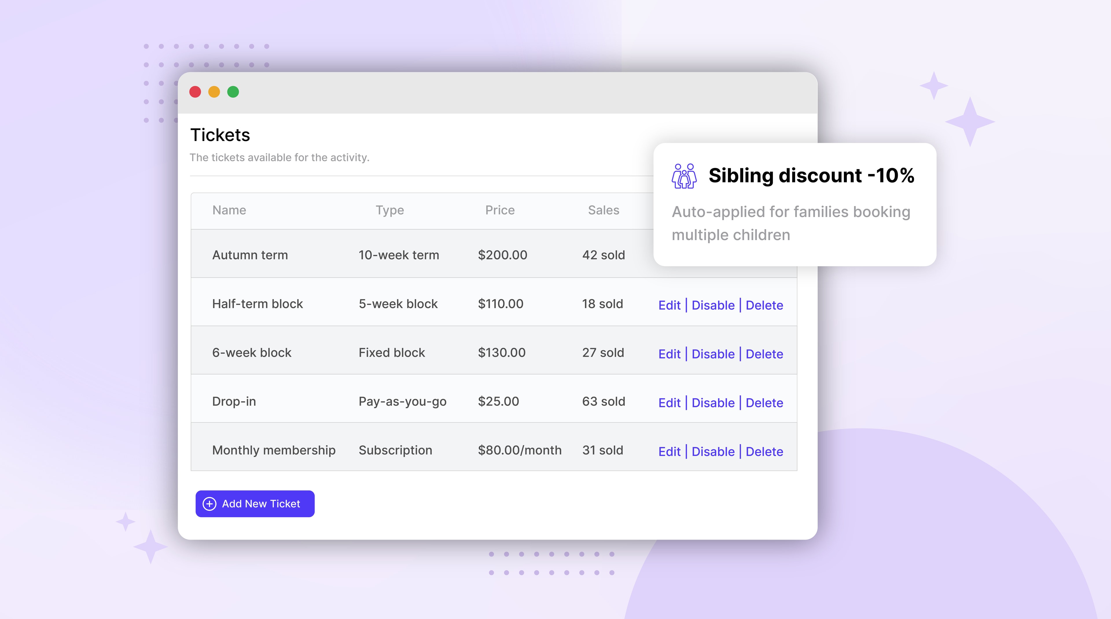 camp set-up screen showing weekly tickets, multi-week bundles and extended-hours add-ons