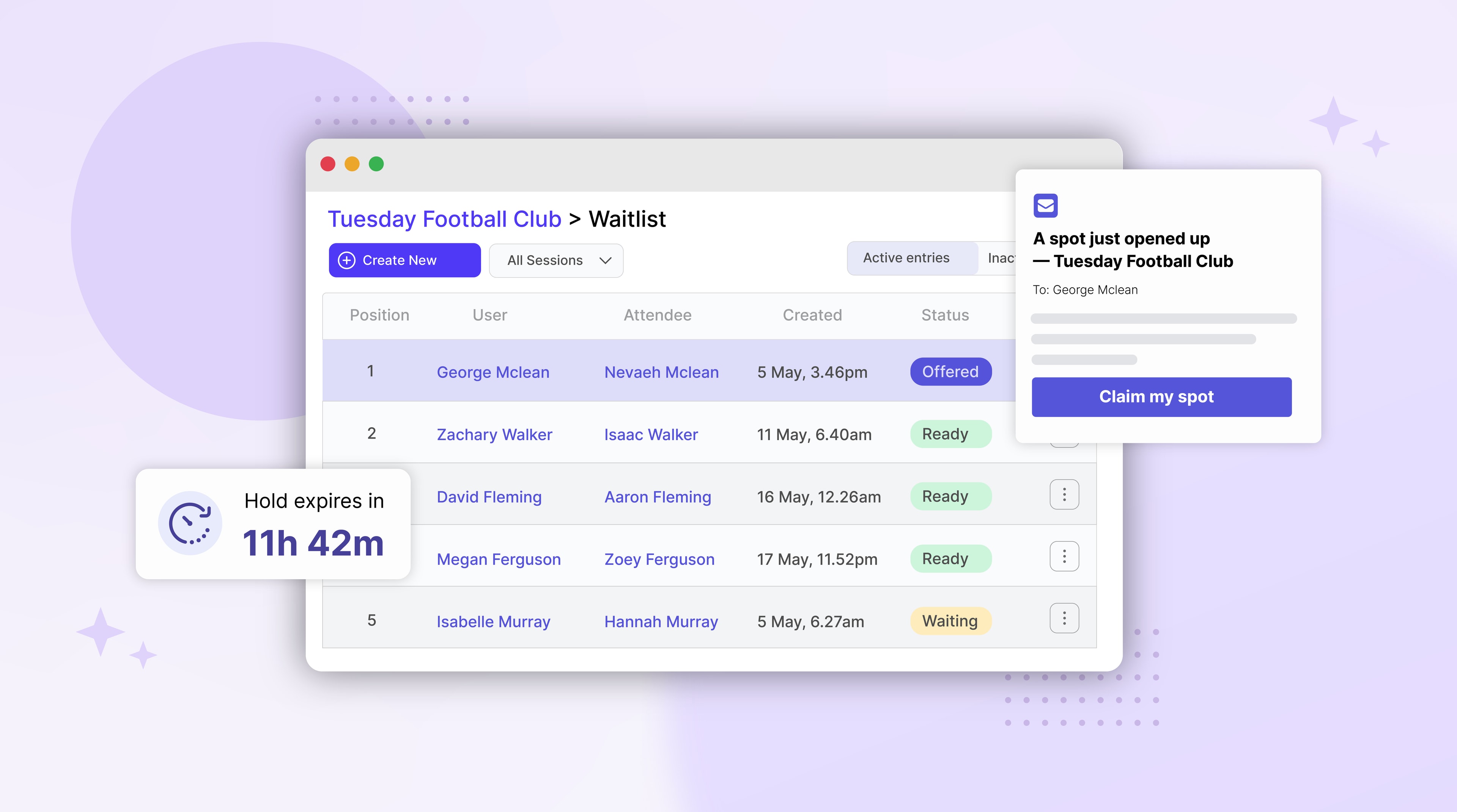 mobile attendance roster alongside waitlist offer and class fill-rate report