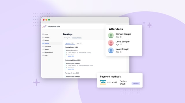 customer portal showing three attendees, multiple class enrollments and one card on file