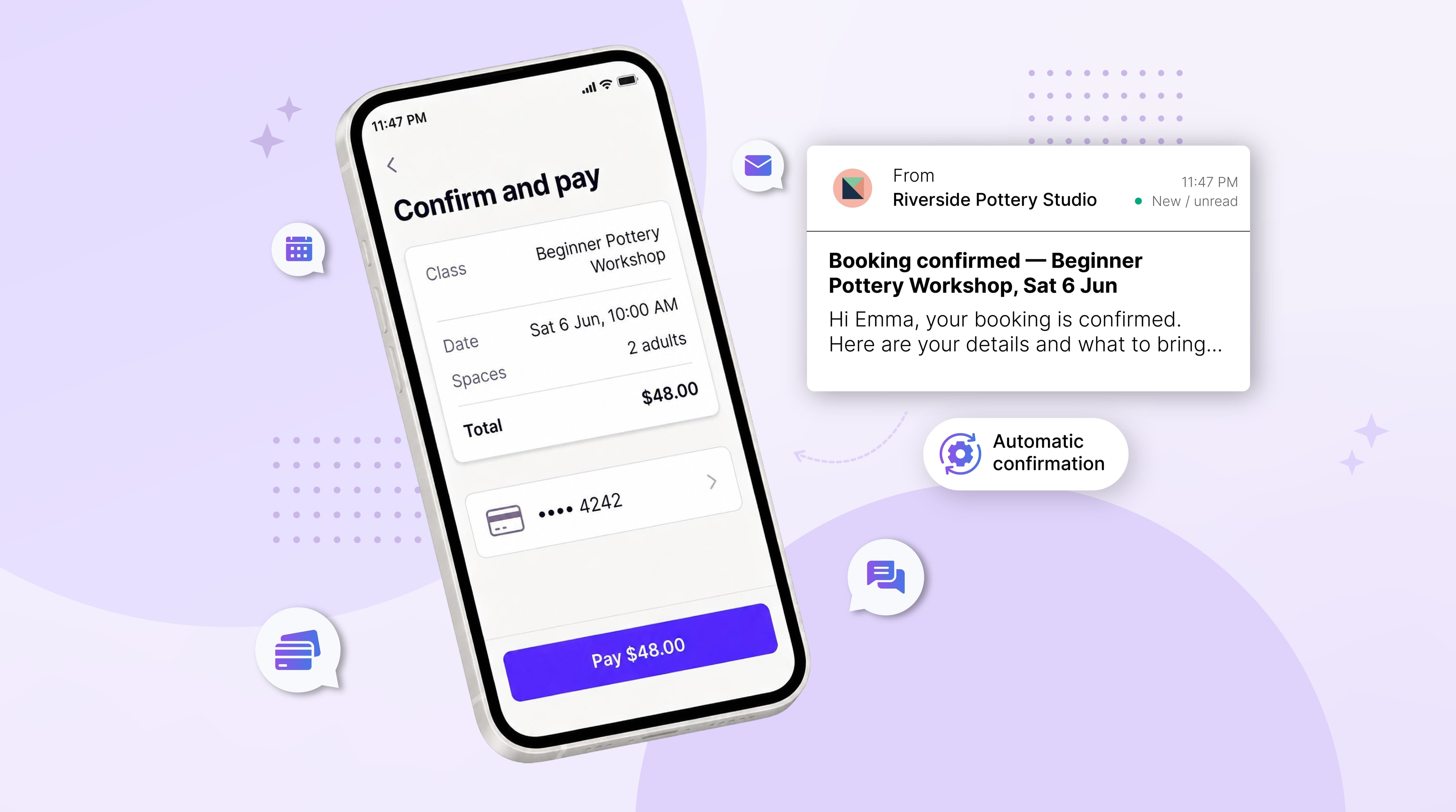 customer booking flow on mobile alongside a confirmation email landing in the inbox