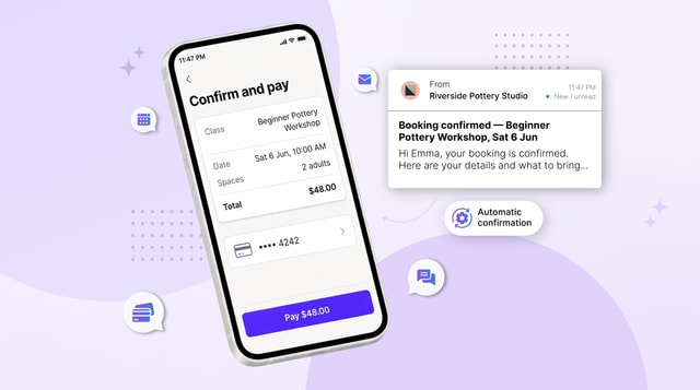 customer booking flow on mobile alongside a confirmation email landing in the inbox