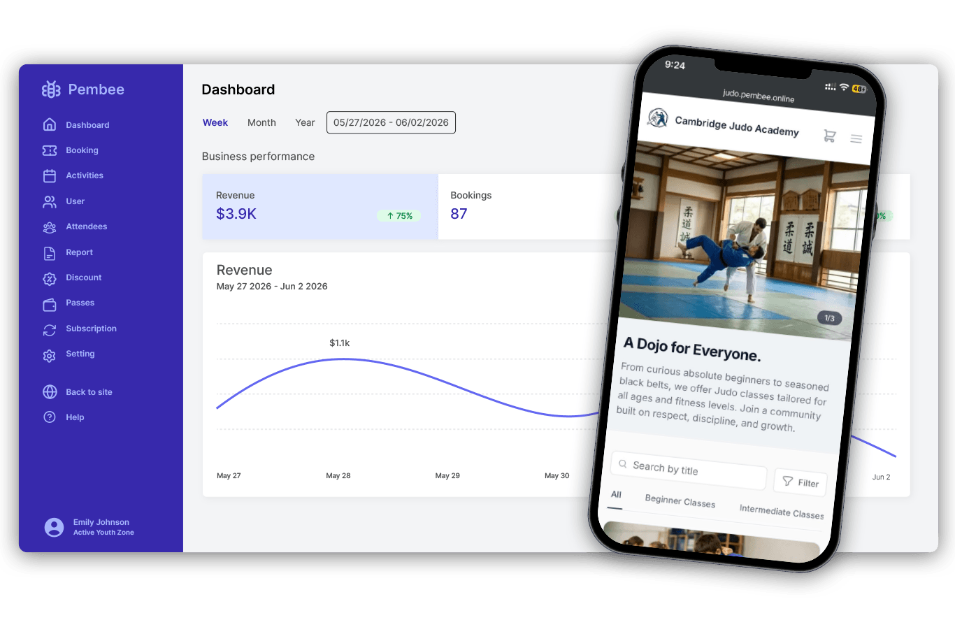 Pembee admin dashboard showing martial arts class signups, rosters and payments