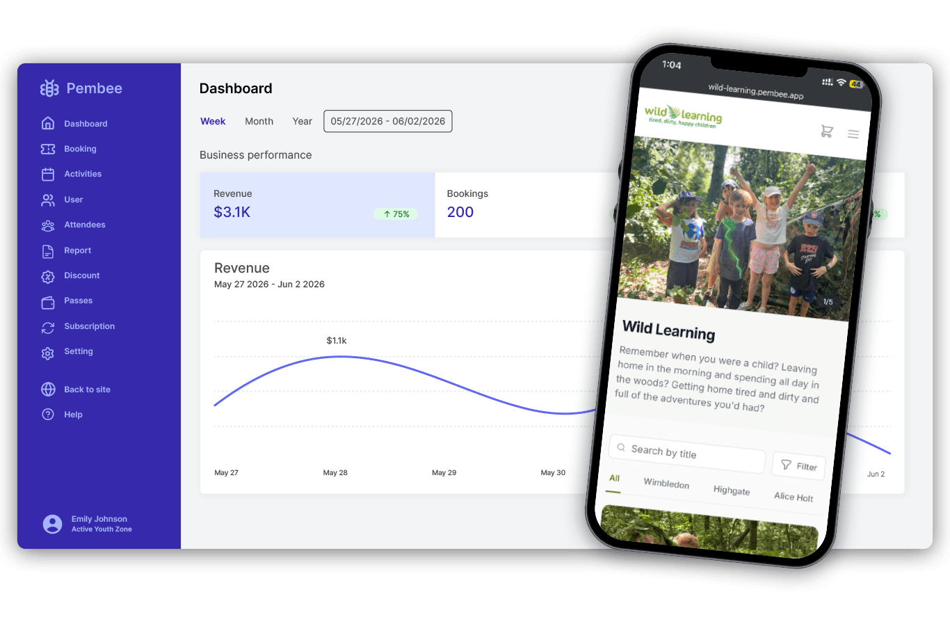 Pembee admin dashboard showing forest school bookings, rosters and payments