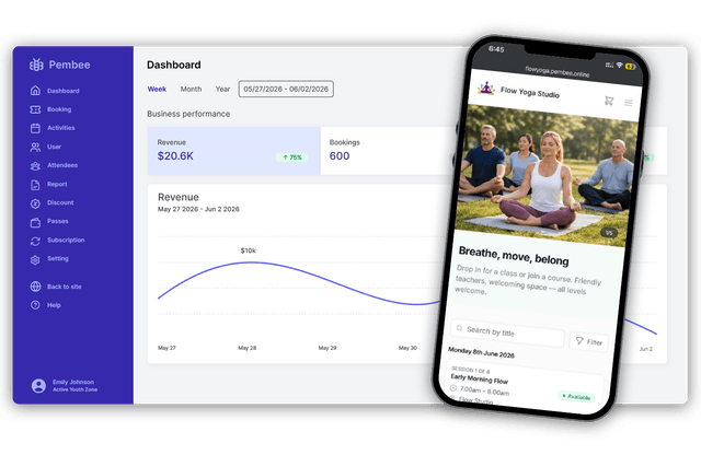 Pembee admin dashboard showing revenue, bookings and customers for a small business